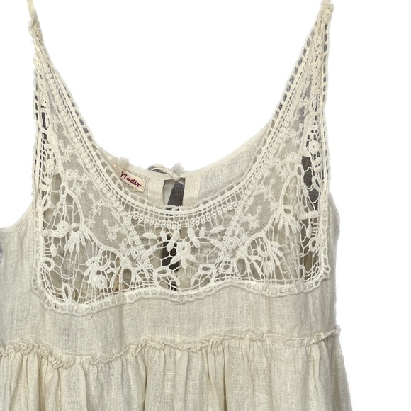 Boho Top Sleeveless Cotton Beige Ruffle Medium India Back Ties Lace Neck NADIR - Picture 2 of 9